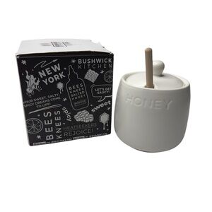 Bushwick Kitchen Honey Pot + Dipper Ceramic Jar & Lid with Wood Dipper 14oz NIB